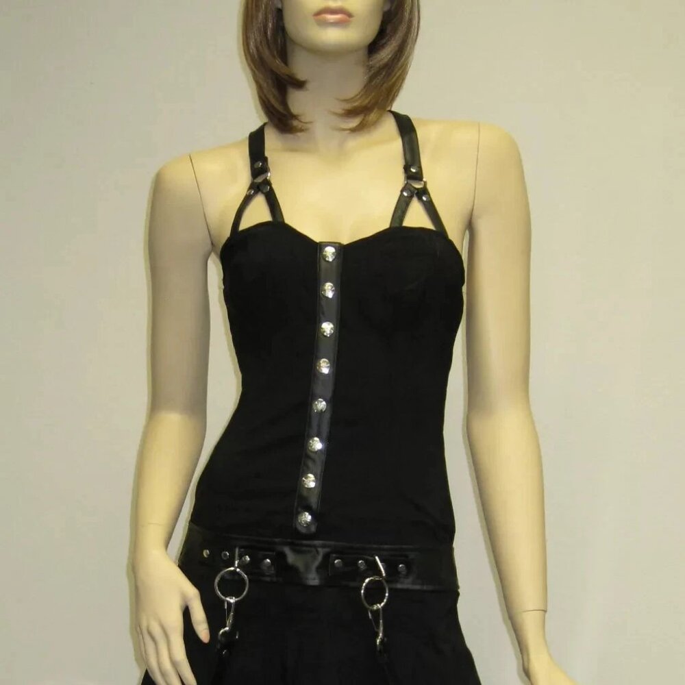 Vintage Lip Service BLACK Silver Mini Dress Punk Rock Gothic Sexy Straps Chain